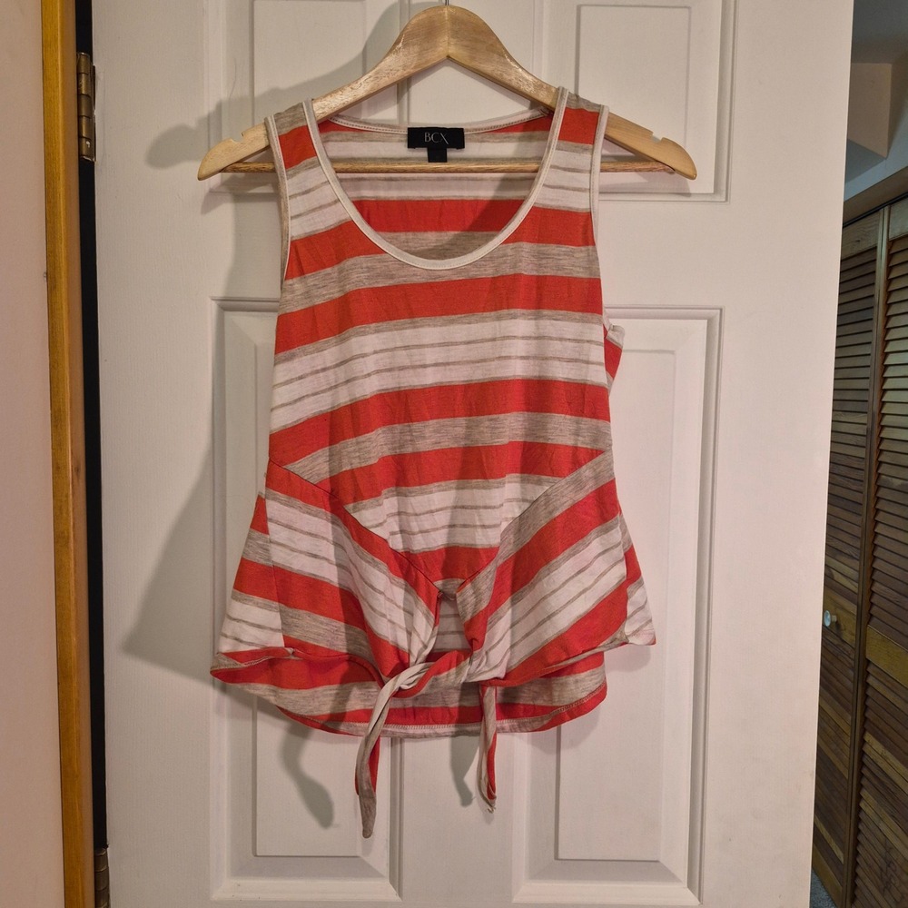 BCX Womens Medium Coral Grey Striped Sleeveless Front Tie Peplum Tank Top USA